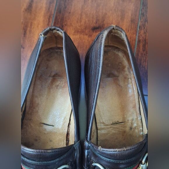 Gucci 80s Men’s Brown Leather 1953 Gold Horsebit Loafers Green Red Web 42 USA 9 main image 6